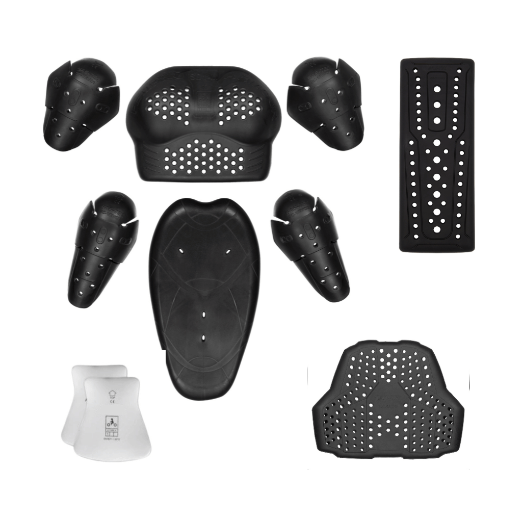 Assortment of motorcycle protective gear including various pads and a back protector
