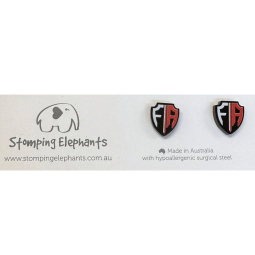 Stomping Elephants logo next to a pair of earrings with the Fempro Armour logo.