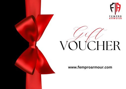 Gift Voucher with a red ribbon on a black and white background with 'Fempro Armour' logo