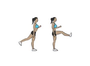 Illustration of a woman performing a two-step leg exercise, starting with a back lunge and progressing to a front kick.