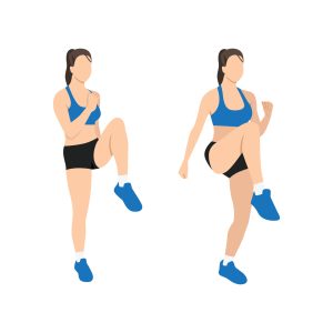 Illustrated fitness sequence showing a woman performing a high-knee exercise