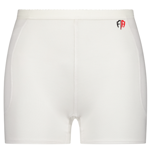 White hip fracture protection underwear with a red and black logo on the waistband