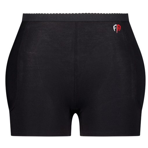 Black hip fracture protection underwear with a red and black logo on the waistband