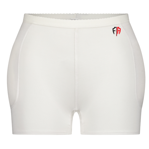 White hip fracture protection underwear with a red and black logo on the waistband