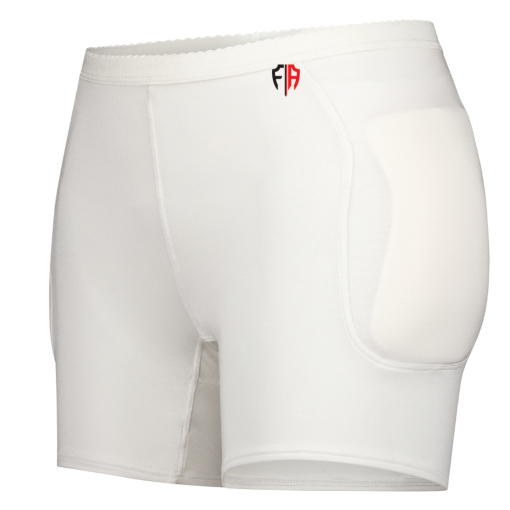 White hip fracture protection underwear with a red and black logo on the waistband