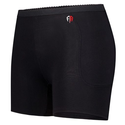 Black hip fracture protection underwear with a red and black logo on the waistband