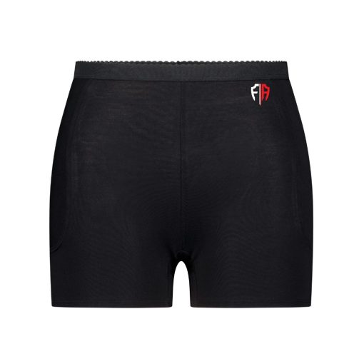 Black hip fracture protection underwear with a red and black logo on the waistband