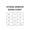 ATHENA ARMOUR sizing chart displaying corresponding sizes for AU, US, EU, and UK from A-C to DD+ cup sizes.