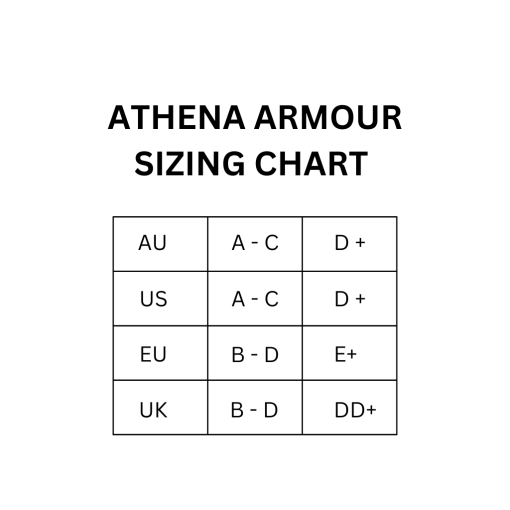 ATHENA ARMOUR sizing chart displaying corresponding sizes for AU, US, EU, and UK from A-C to DD+ cup sizes.