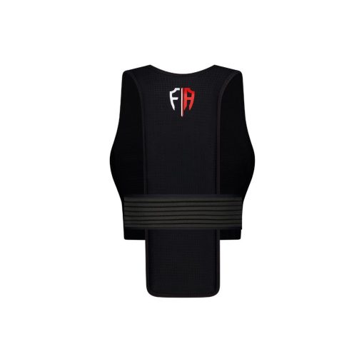 Female designed black sports vest for curved chests with distinctive 'F/A' logo in red and white.